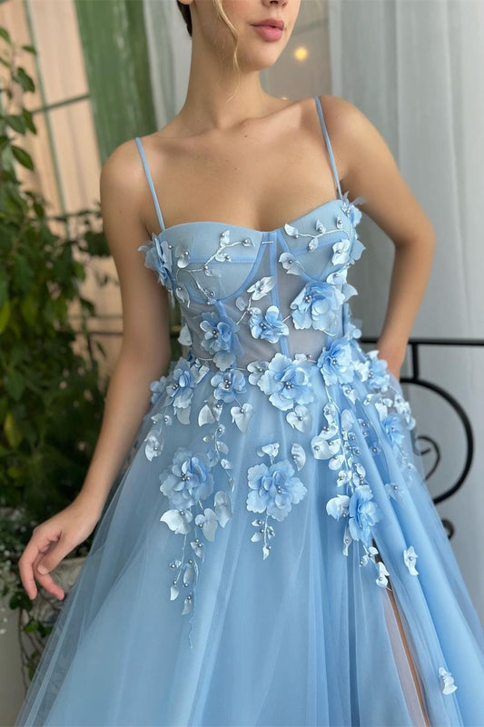 Baby Blue Sweetheart Flowers Appliques Spaghetti Strap Prom Dress Side Split