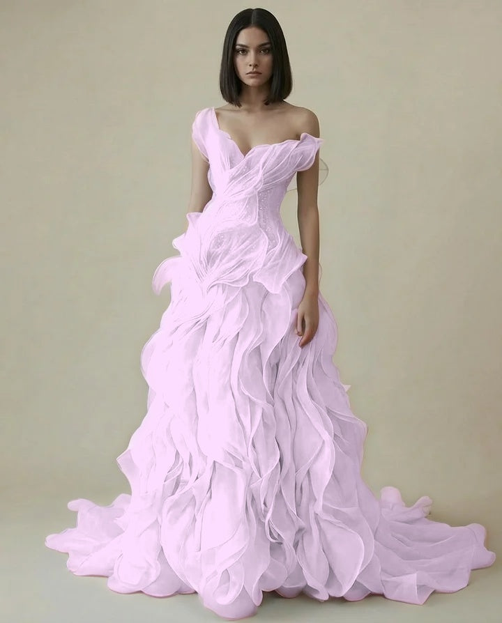 Dreamy Sky Blue V-Neck Pleated Ruffles Long Evening Dress