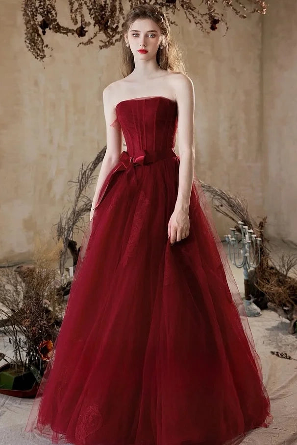Red Sleeveless Strapless Square Bow-Tie A-Line Prom Dress