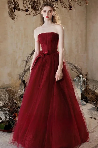 Red Sleeveless Strapless Square Bow-Tie A-Line Prom Dress