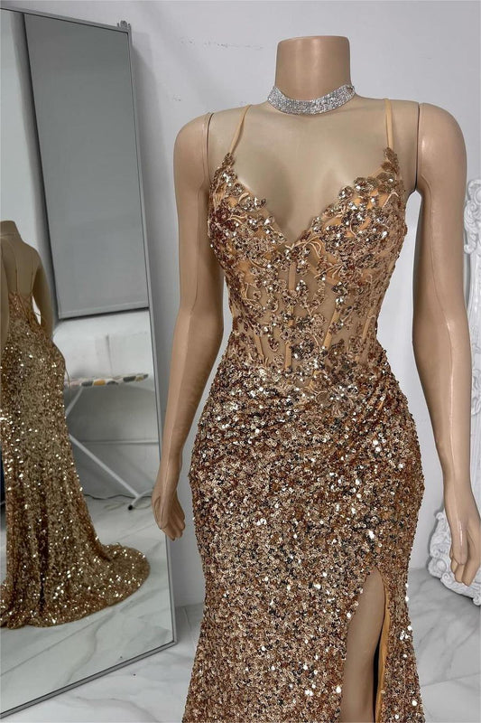 Exquisite Champagne Sequins Spaghetti Strap Sleeveless Prom Dress with Split