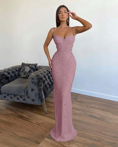 Chic Sleeveless Mermaid Beading Spaghetti Strap Black Prom Dress