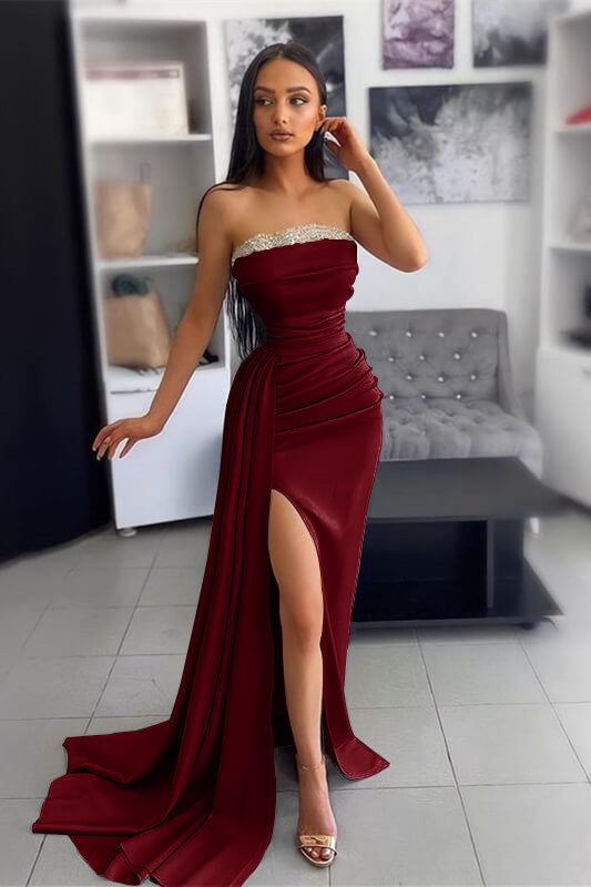 Purple Strapless Mermaid Side Split Prom Dress Ruffles With Appliques