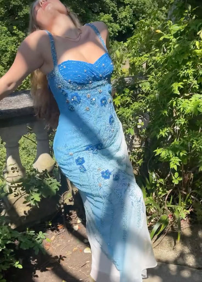 Gorgeous Sheath Strap Beaded Blue Ombre Chiffon Prom Dress Graduation Prom Dress SH2613