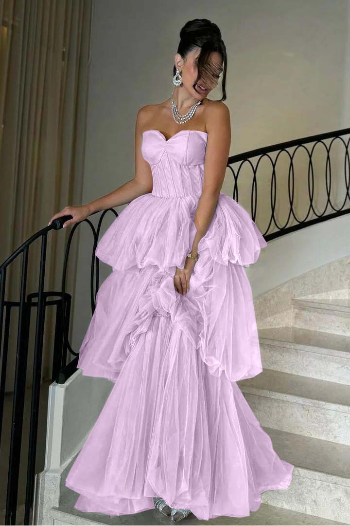 Sleeveless Sweetheart Strapless A Line Long Prom Dress With Tulle