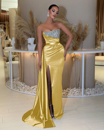 Strapless Beading Sleeveless Slit Prom Dress with Ruffle