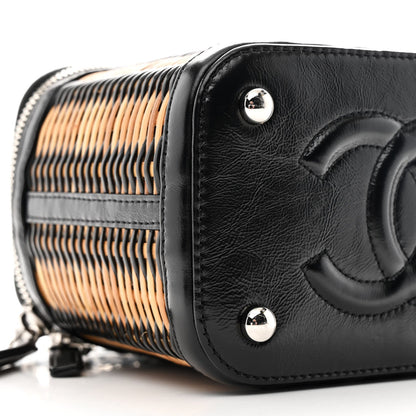 Calfskin Raffia Small Vanity Case Bag Black Beige