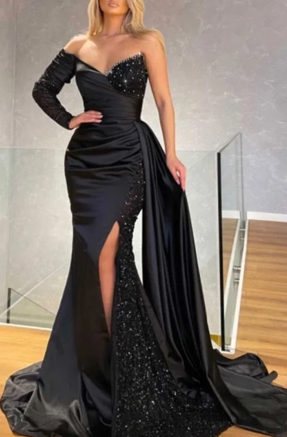 One Shoulder Long Sleeve Split Black Mermaid Prom Dress With Sequins