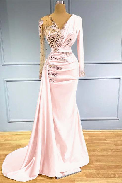 Long Sleeves Beadings Prom Dress V Neck Mermaid