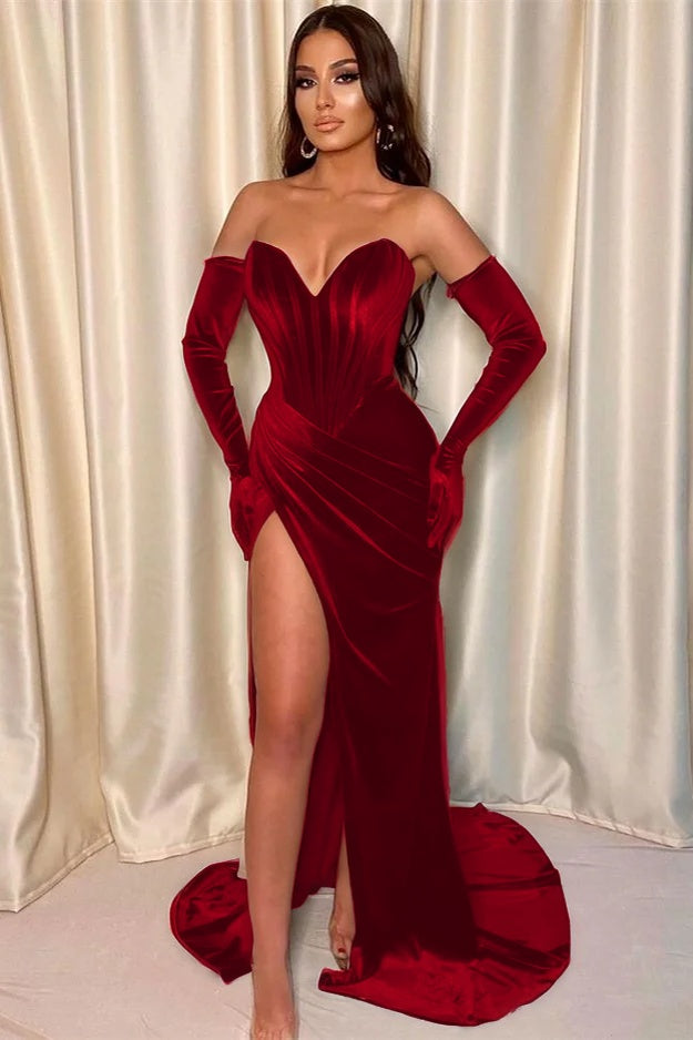Mermaid V-Neck Evening Dress With Gloves Front Split Dark Green