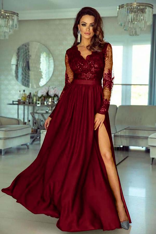 V-Neck Long Sleeve Lace Prom Dress With Slit