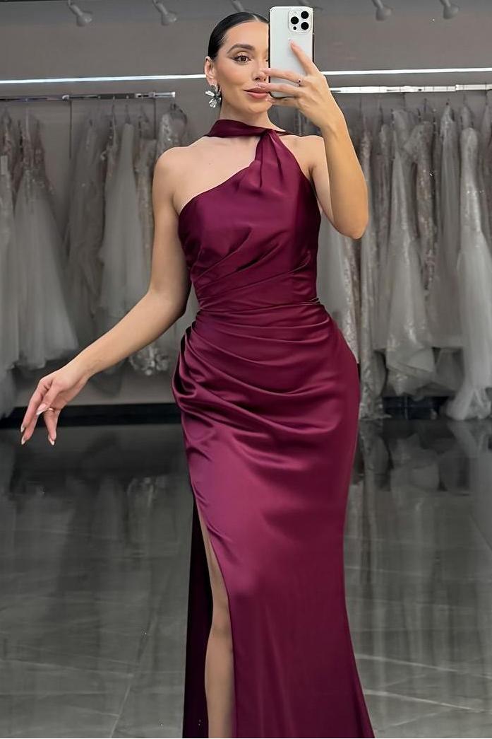 Shinning Burgundy Satin Halter Sleeveless Long Pleated Prom Dress with Split