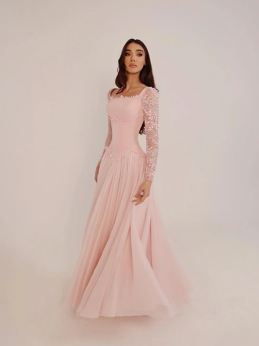 Glamorous Candy Pink Chiffon Long Sleeves Long Evening Dress With Sequins