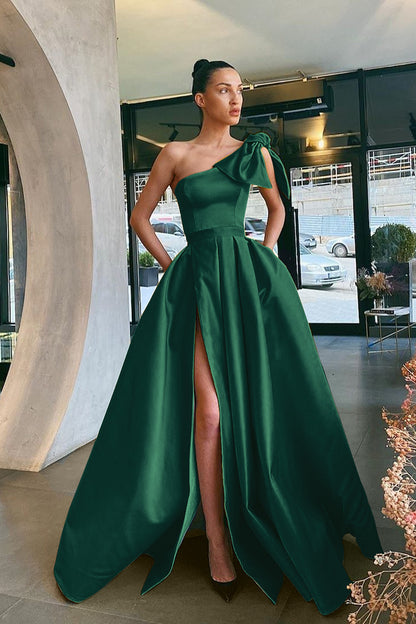 Gold Slit One-Shoulder Prom Dress With Pockets
