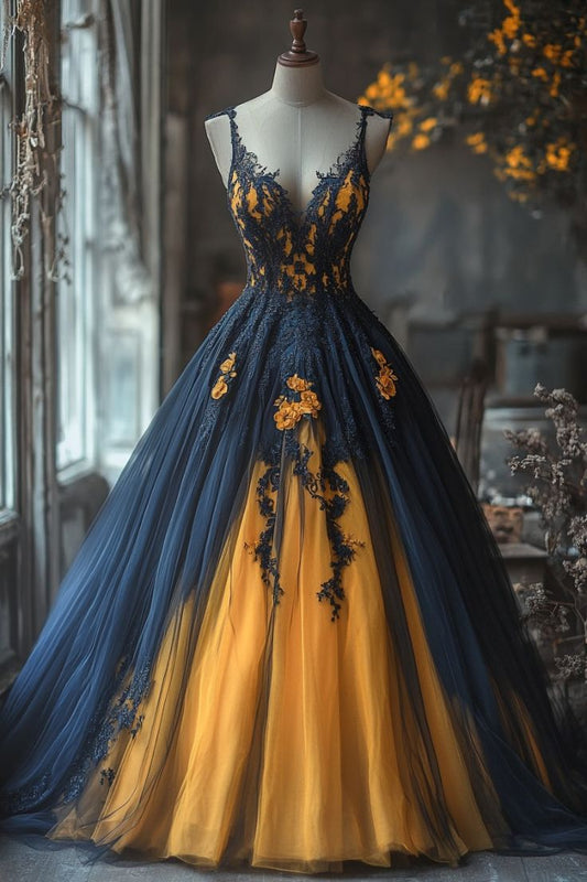 Vintage A-Line V-neck Tulle Applique Long Prom Dress Lace Evening Dress ED01508