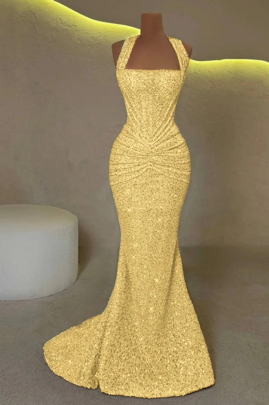 Gold Sleeveless Halter Straps Mermaid Prom Dress With Sequins