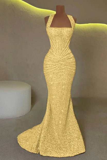 Gold Sleeveless Halter Straps Mermaid Prom Dress With Sequins