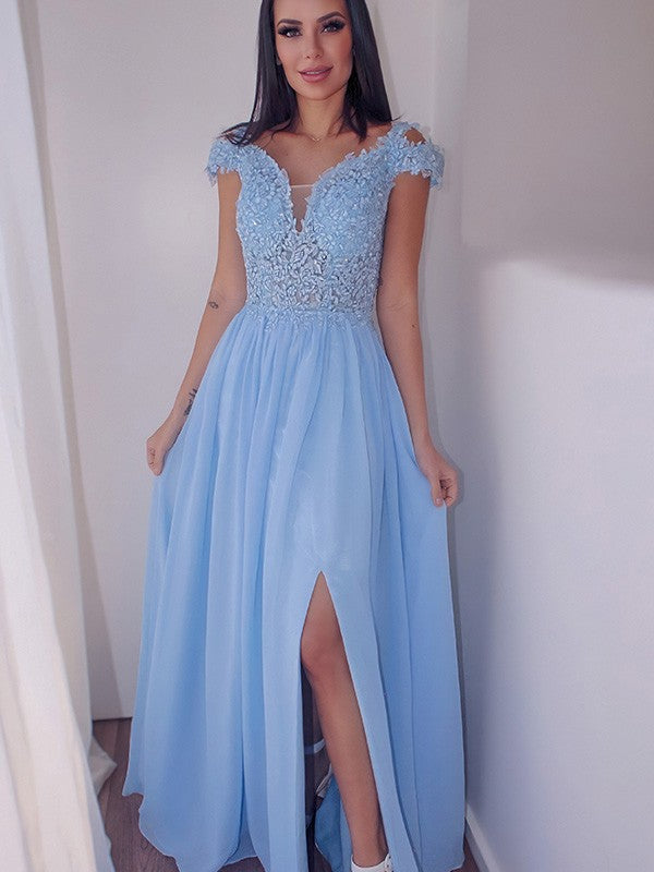 Cap Sleeves Classy Sky Blue Long Prom Dress Front Slit