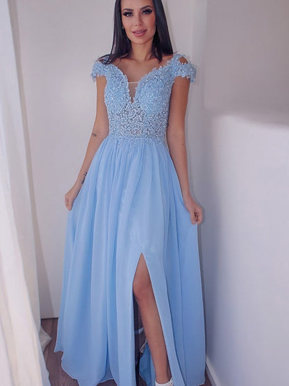 Cap Sleeves Classy Sky Blue Long Prom Dress Front Slit