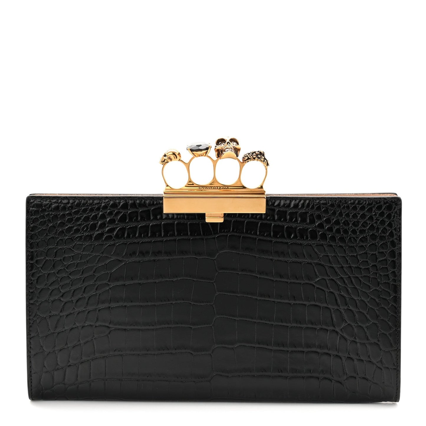 Calfskin Crocodile Embossed Knuckle Flat Clutch Black Gold