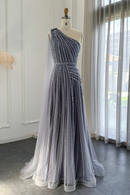Stunning Gray One Shoulder A Line Prom Dress Appliques With Ruffles