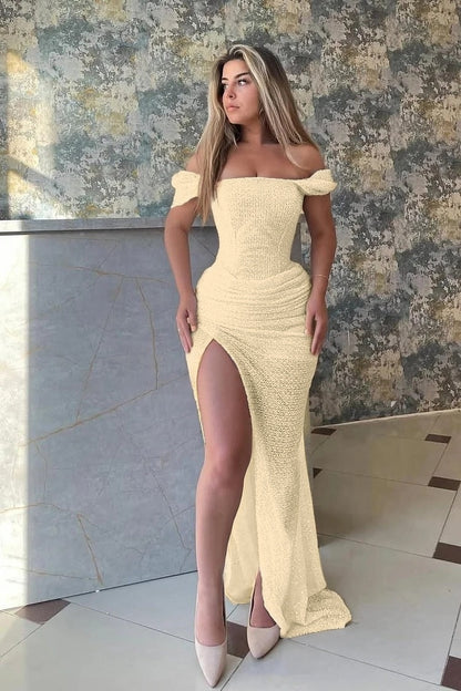 Sleeveless Square Off Shoulder Split Prom Dress With Sequins