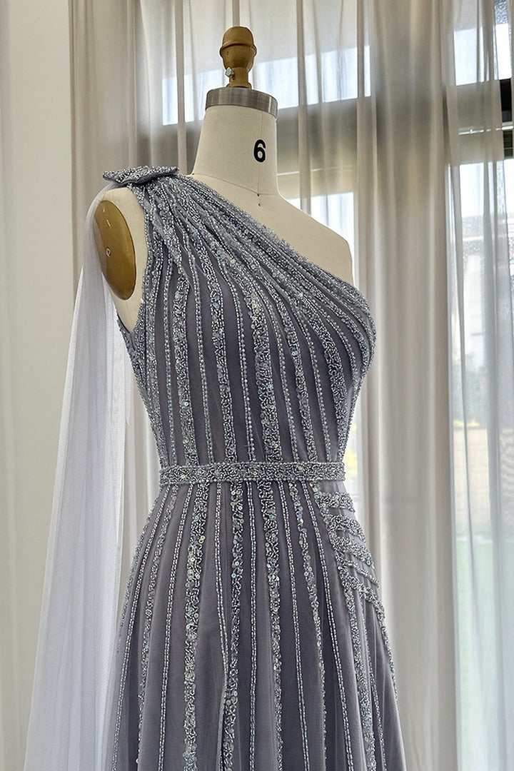 Stunning Gray One Shoulder A Line Prom Dress Appliques With Ruffles