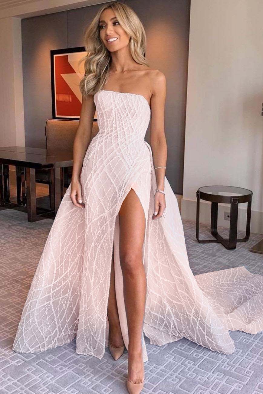 Stunning Light Blue Sleeveless Strapless Long Split Prom Dress with Embroidery
