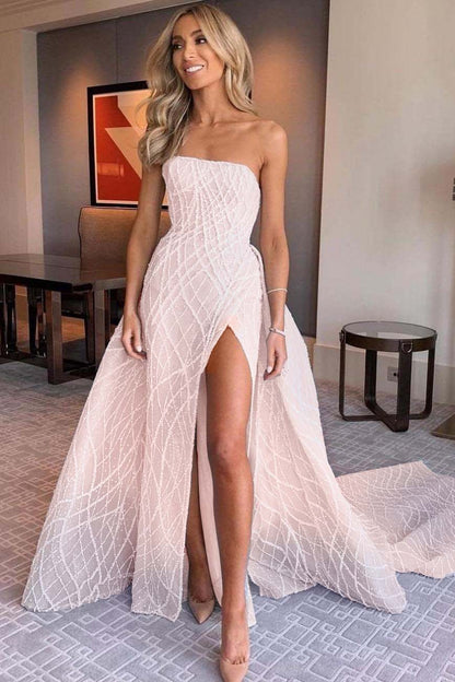 Stunning Light Blue Sleeveless Strapless Long Split Prom Dress with Embroidery
