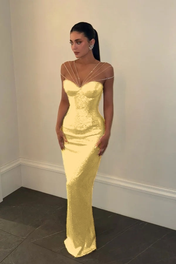 Sparkly Silver Off-the-Shoulder Evening Dress Sleeveless With Sequins