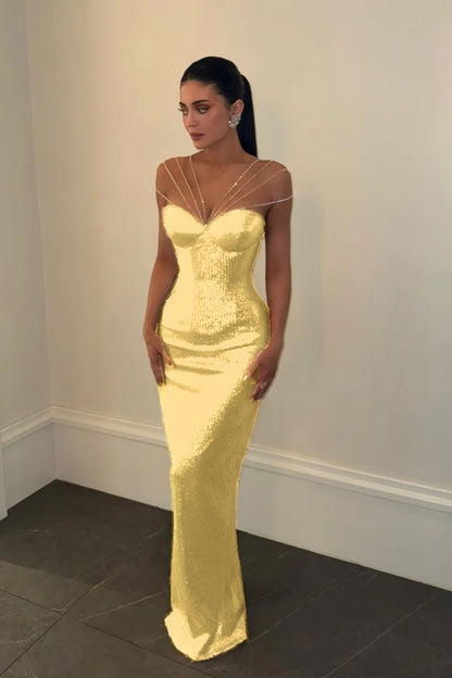 Sparkly Silver Off-the-Shoulder Evening Dress Sleeveless With Sequins