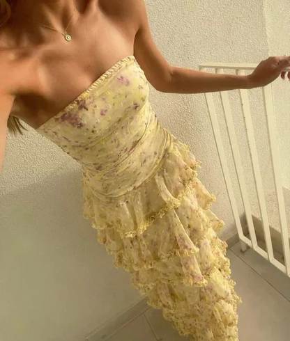 Glamorous Daffodil Sleeveless Strapless Long Evening Dress With Ruffles