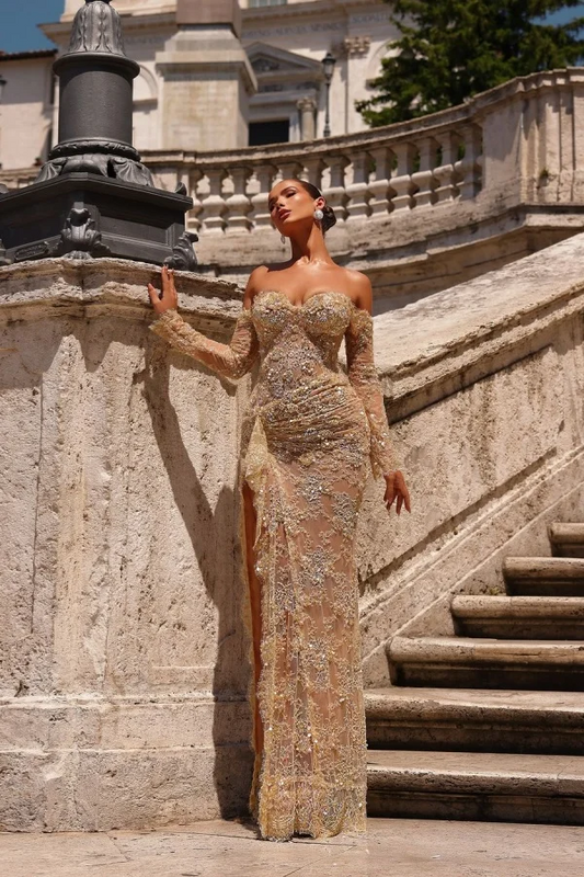 Champagne Lace Strapless Split Prom Dress With Long Sleeves