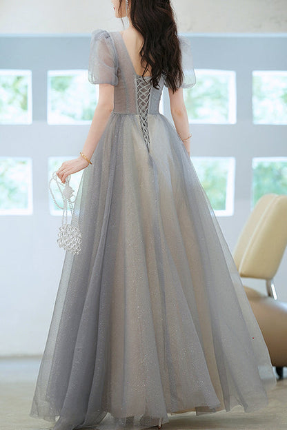 Grey V-Neck Long Evening Dress With Short Sleeves Sequins Elegant