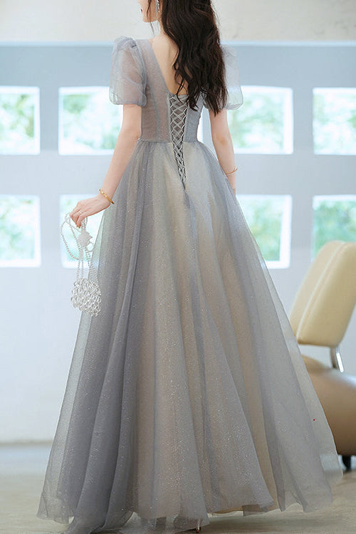 Grey V-Neck Long Evening Dress With Short Sleeves Sequins Elegant