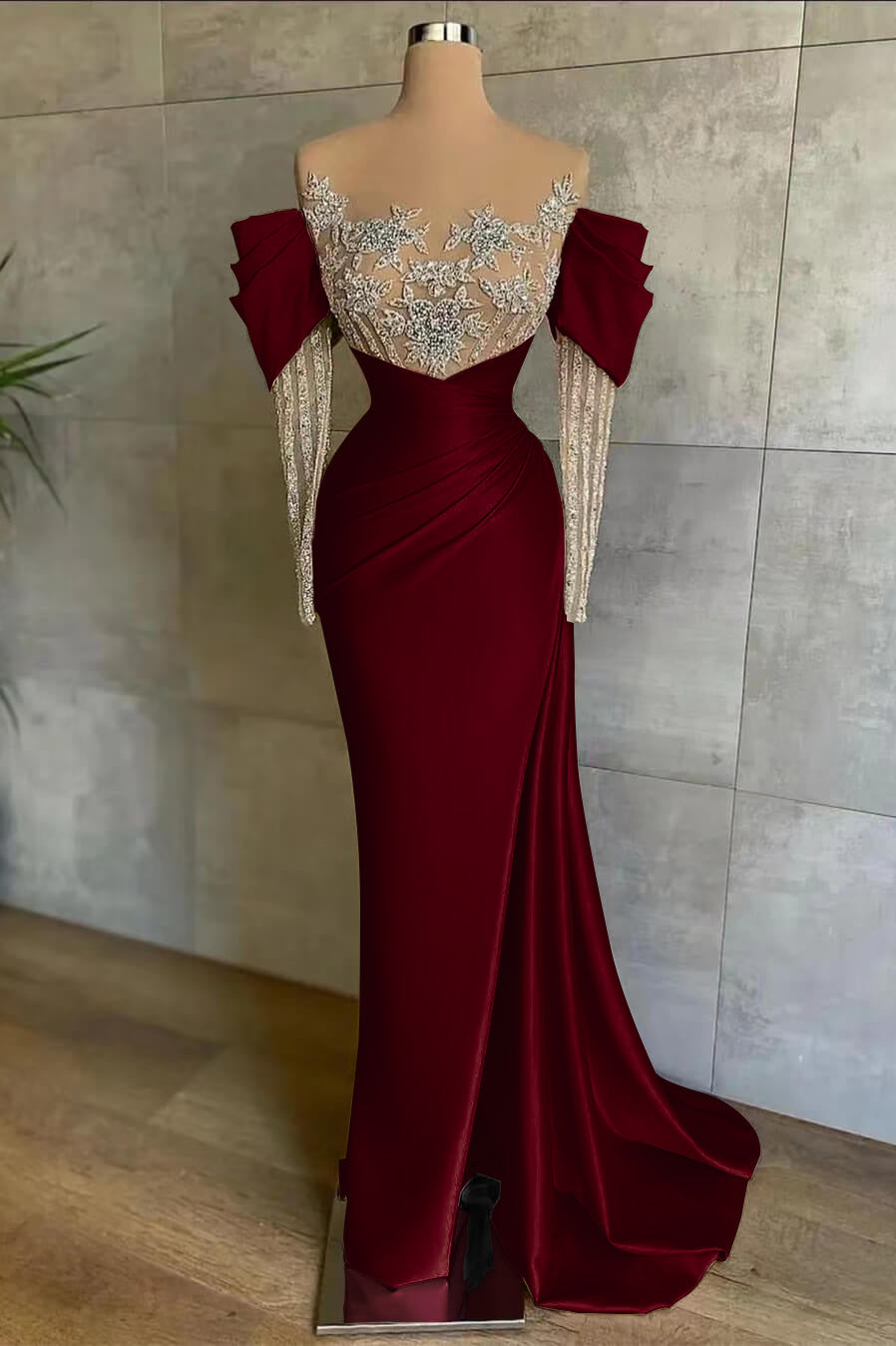 Pink Front Split Mermaid Long Sleeves Prom Dress Beadings With Appliques Off-The-Shoulder