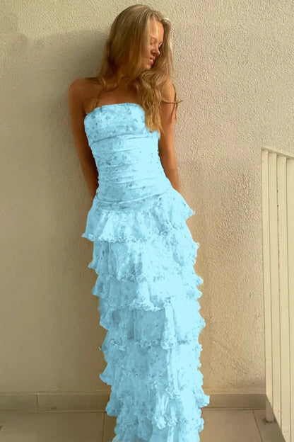 Glamorous Daffodil Sleeveless Strapless Long Evening Dress With Ruffles