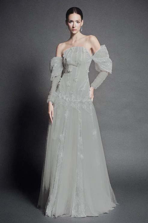 White Strapless Off-the-Shoulder A Line Evening Dress with Appliques