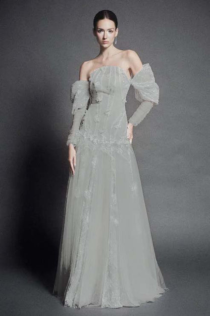 White Strapless Off-the-Shoulder A Line Evening Dress with Appliques