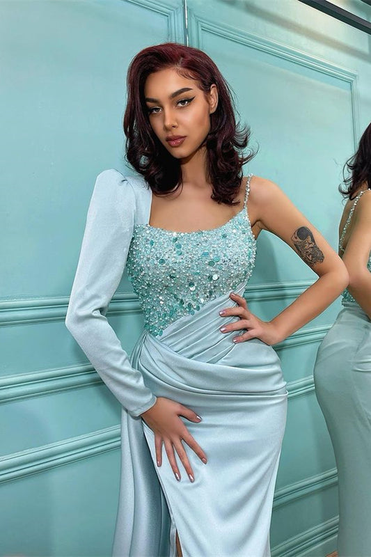 Elegant Long Sleeve Sequins One Shoulder Mermaid Prom Dress With Split