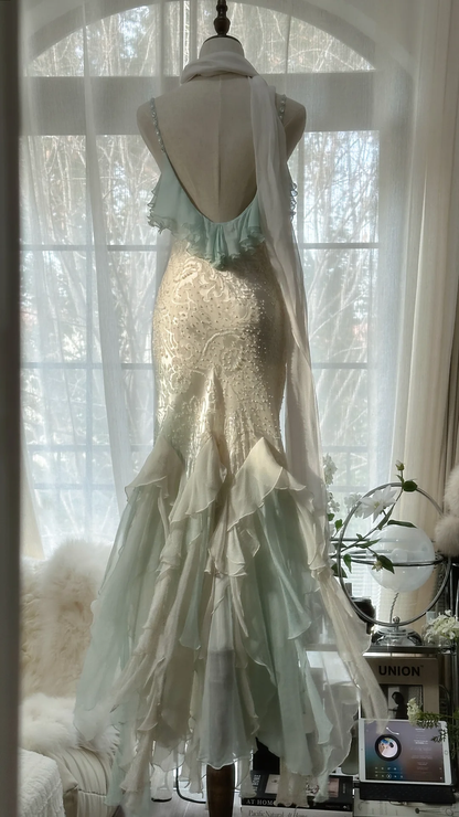 Elegant Mermaid Sparkling Beaded Spaghetti Strap Romantic Chiffon Evening Dress Prom Dresses D1464
