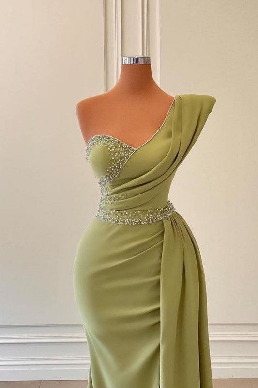Sage Mermaid One-Shoulder Prom Dress Slit With Beadings