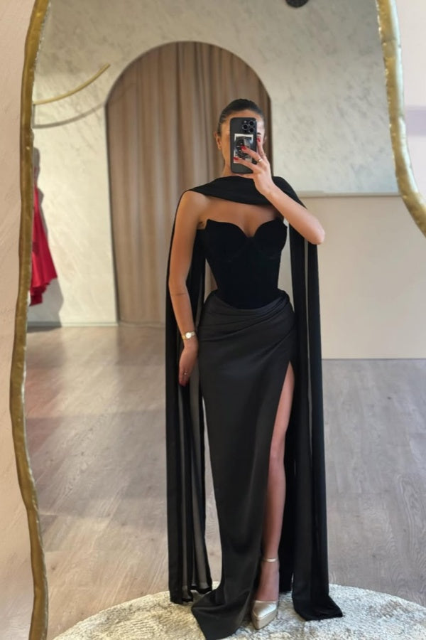 Black Strapless Long Prom Dress Sleeveless with Slit