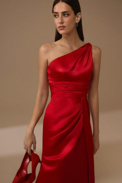Charming Red Satin One Shoulder Sleeveless Long Pleated Prom Dress with Split