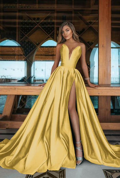 Long V-Neck Emerald Green Prom Dress With Split