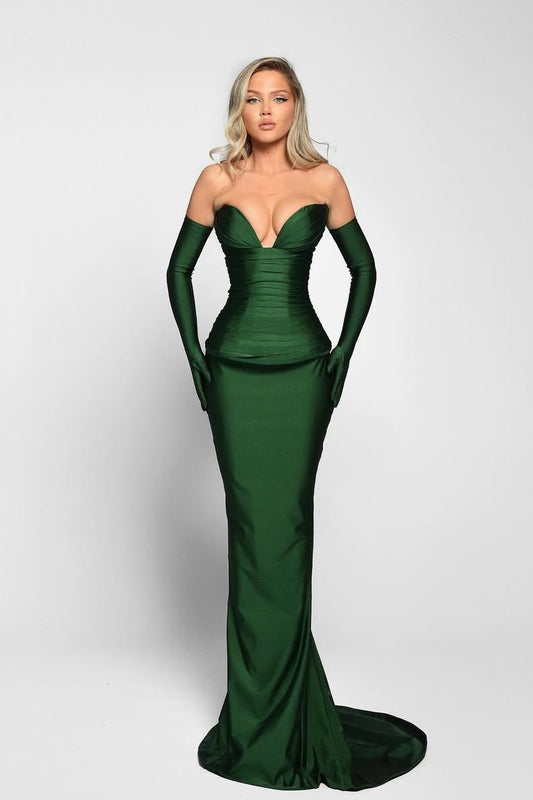 Elegant Dark Green Satin Sleeveless V Neck Mermaid Prom Dress with Gloves