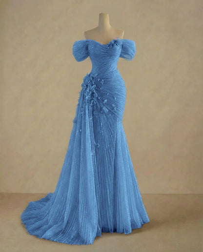 Dreamy Sky Blue Off-The-Shoulder Pleated Sequins Evening Dress With Side Train