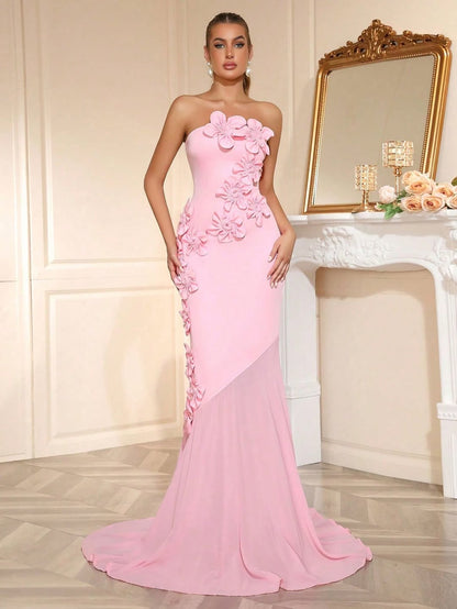 Elegant Sleeveless Satin Square Strapless Mermaid Prom Dress With Handmade Flower