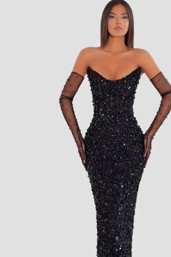 Black Strapless Long Prom Dress Sleeveless with Sequins