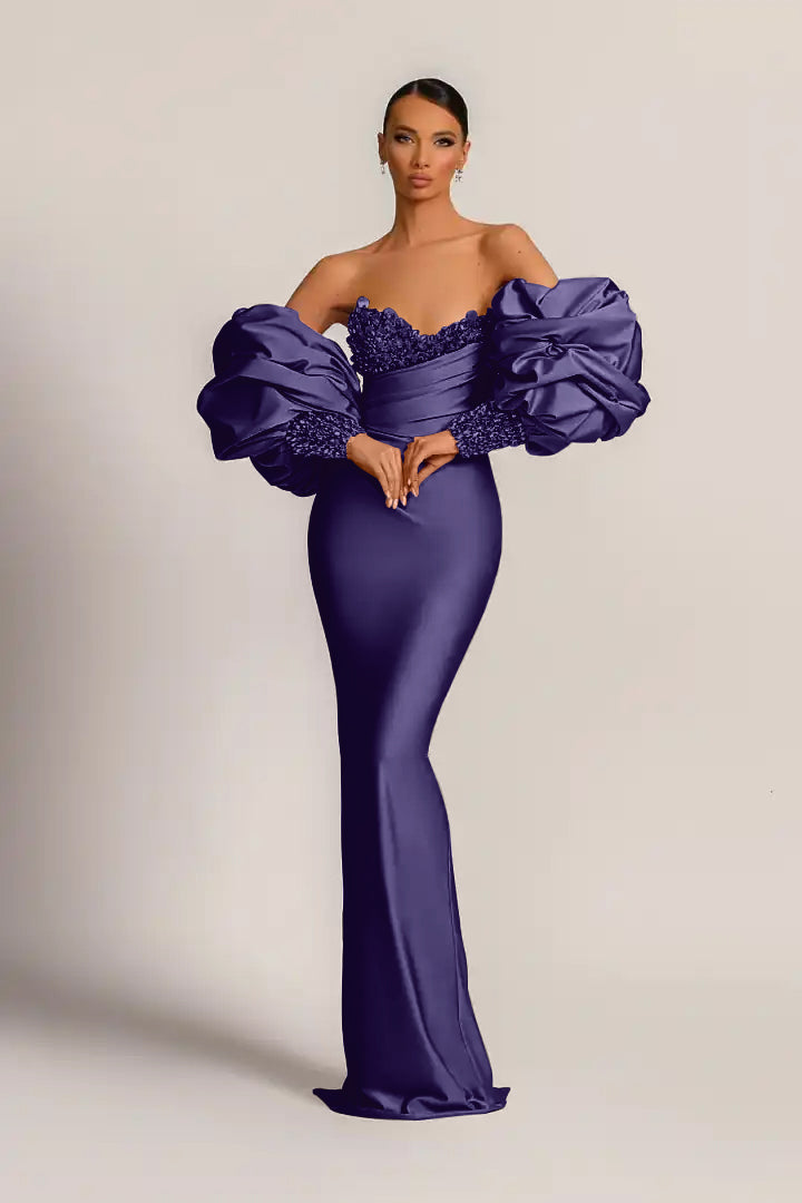 Purple Mermaid Prom Dress With Appliques Puff Sleeves